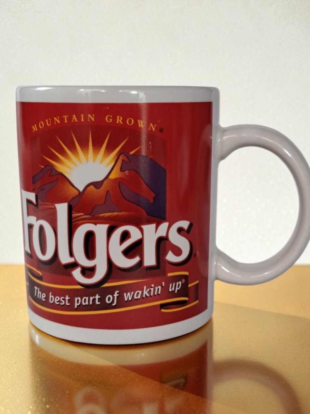 Vintage Folgers Coffee Mug Houston Harvest Mountain Grown Sun Over Mountains Red